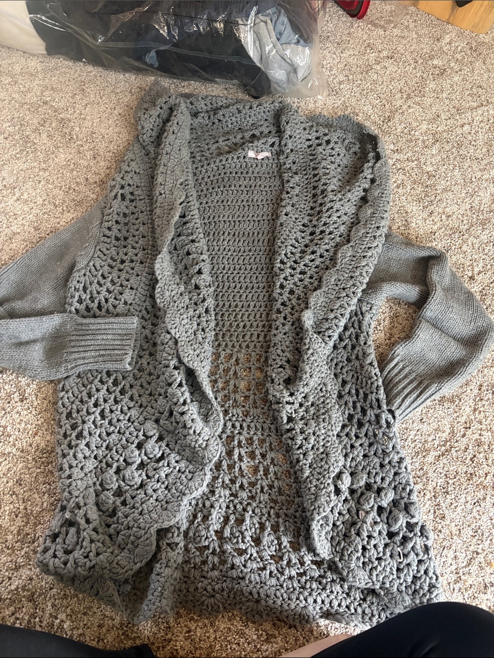 Gray Open-Front Crochet Cardigan Sweater, Stretchy, Women, Soft, XL